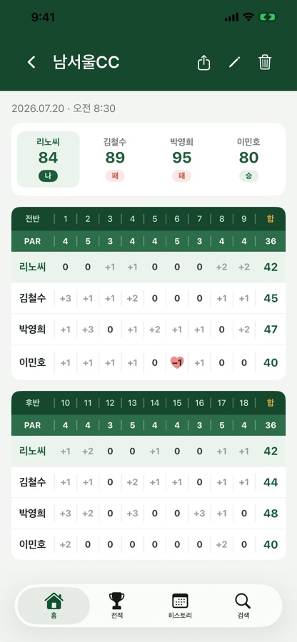 AI 골프 스코어 앱(iOS) — 스코어카드 사진을 인식해 선수별·홀별 타수를 표로 정리한 화면